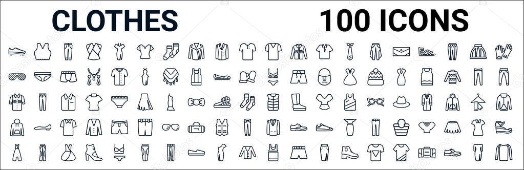 outline set of clothes line icons. linear vector icons such as brassiere,shutter sunglasses,lingerine set,denim shirt,padded vest,sweatshirt,blazer,tank top. vector illustration