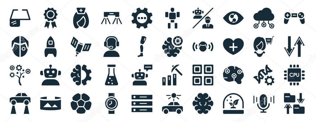 set of 40 filled artificial intelligence web icons in glyph style such as recognition, humanoid, technology tree, hover transport, shop assistant, gaming, exoskeleton icons isolated on white