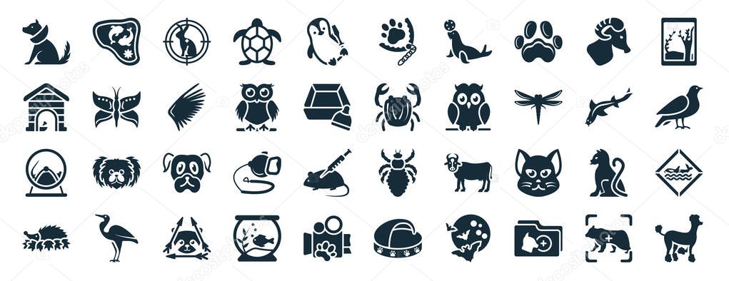 set of 40 filled animals web icons in glyph style such as pond, kennel, hamster ball, hibernation, japan koi fish, terrarium, trap icons isolated on white background