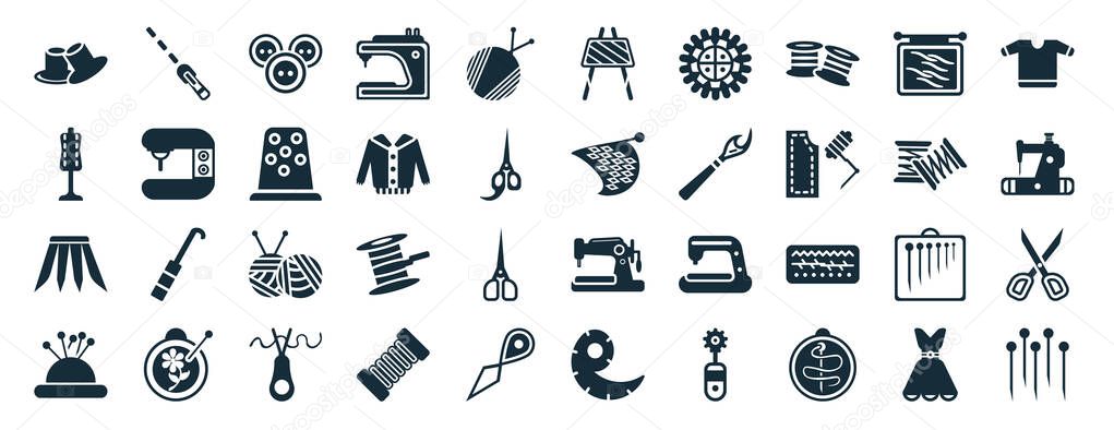 set of 40 filled sew web icons in glyph style such as textile, dummy, pleat, pin holder, coil, garment, drawing board icons isolated on white background