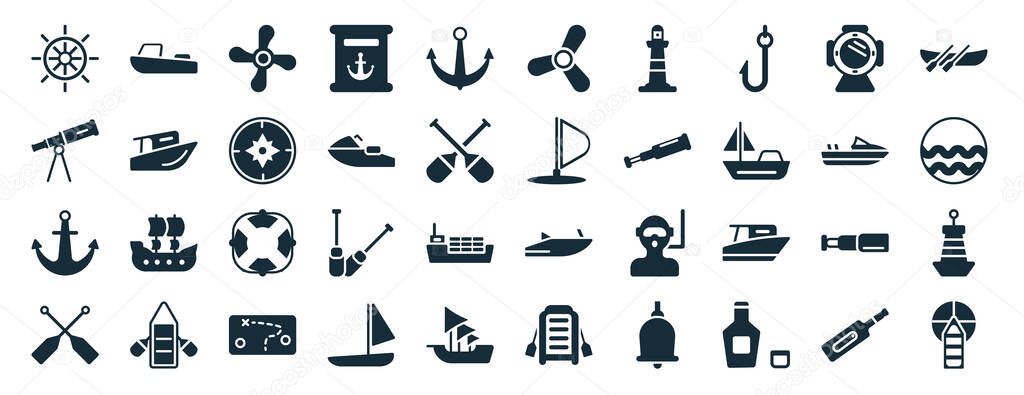 set of 40 filled nautical web icons in glyph style such as motorboat, boat telescope, anchor, oars, speedboat, trireme, ship engine propeller icons isolated on white background