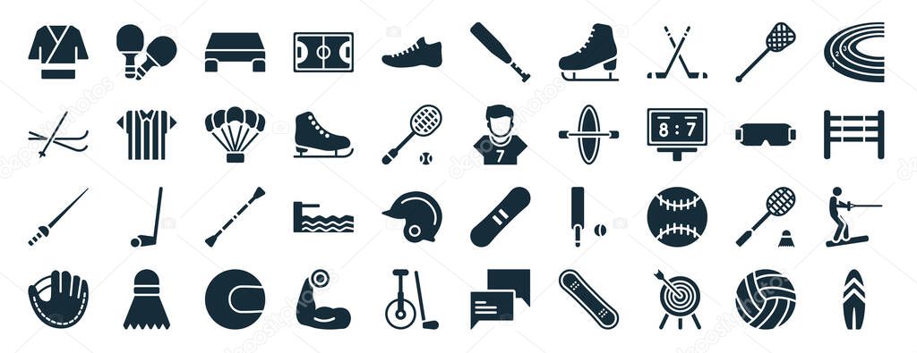 set of 40 filled sport web icons in glyph style such as table tennis, ski, fencing, baseball glove, sport goggles, marathon, baseball bat icons isolated on white background