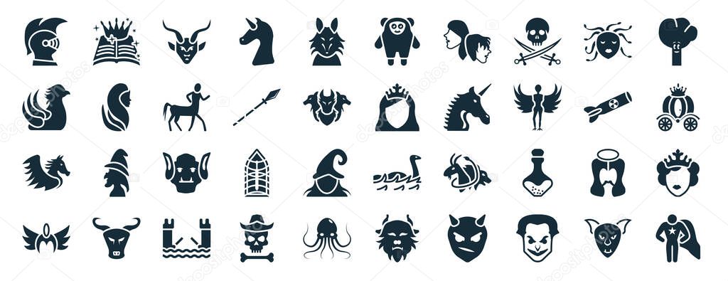 Set of 40 filled fairy tale web icons in glyph style such as fairy tale, gryphon, pegasus, valkyrie, atomic bomb, talking tree, yeti icons isolated on white background