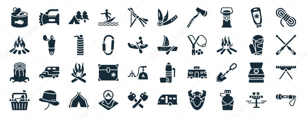 set of 40 filled camping web icons in glyph style such as torch, bonfire, stump, basket, sleeping bag, rope, pocket knife icons isolated on white background