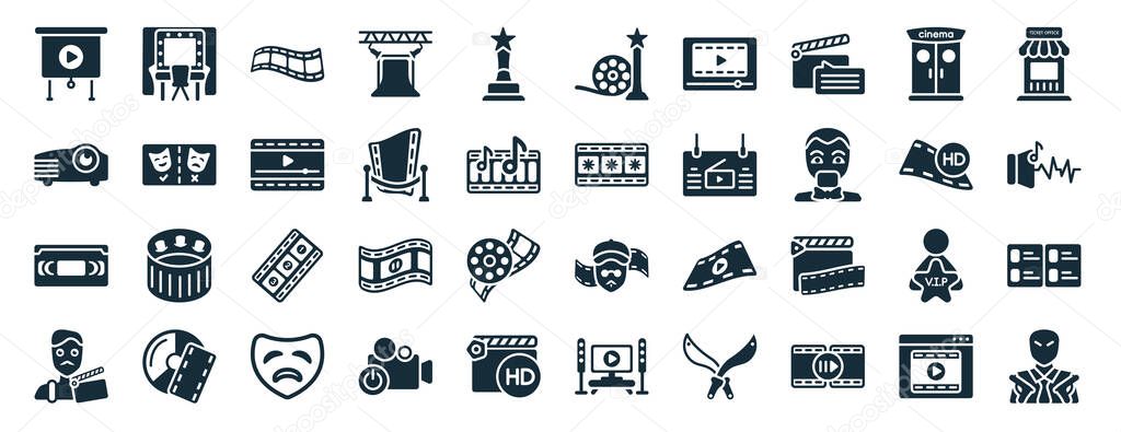 set of 40 filled cinema web icons in glyph style such as dressing room, slide projector, vhs, producer, hd, ticket office, film star icons isolated on white background