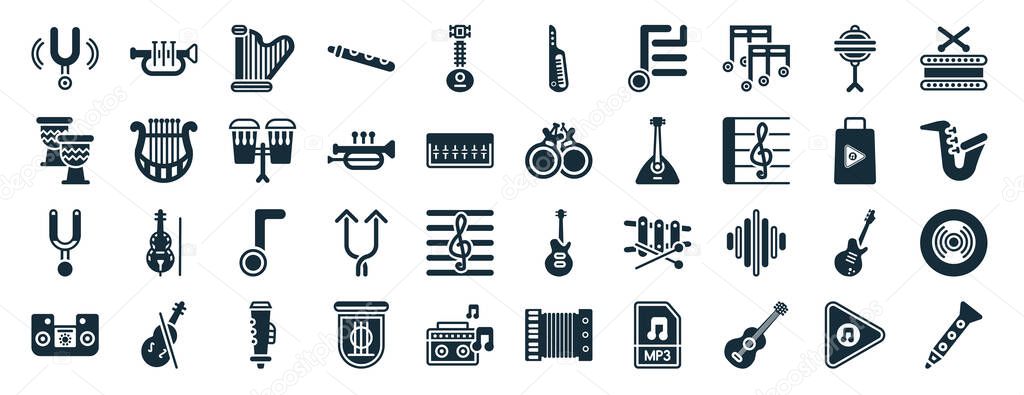 set of 40 filled music web icons in glyph style such as cornet, djembe, diapason, sound system, music store, percussion, keytar icons isolated on white background