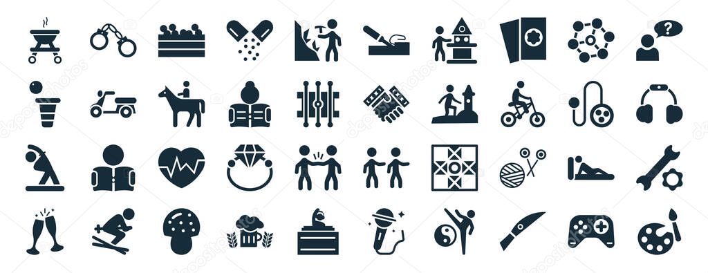 set of 40 filled activity and hobbies web icons in glyph style such as arrest, beer pong, warming up, hang out, yoyo, questioning, wood carving icons isolated on white background
