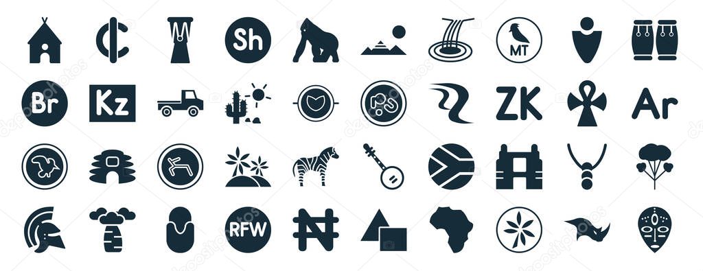 set of 40 filled africa web icons in glyph style such as cedi, ethiopian birr, malawian kwacha, warrior, ankh, conga, pyramids icons isolated on white background