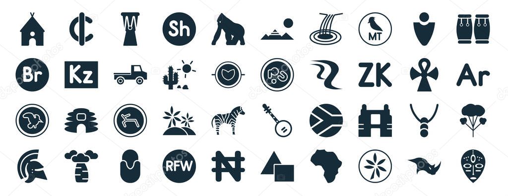 Set of 40 filled africa web icons in glyph style such as cedi, ethiopian birr, malawian kwacha, warrior, ankh, conga, pyramids icons isolated on white background