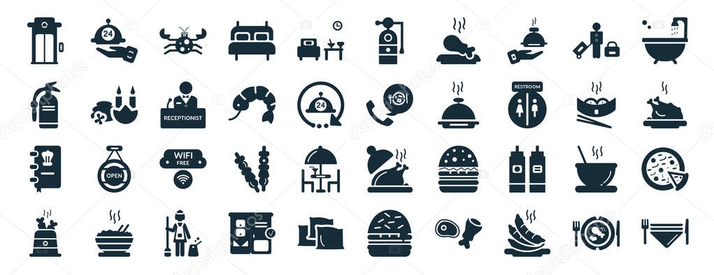 set of 40 filled hotel and restaurant web icons in glyph style such as room service, fire extinguisher, cookbook, fried chicken, dim sum, bathtub, extinguisher icons isolated on white background