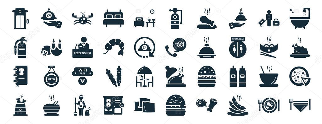Set of 40 filled hotel and restaurant web icons in glyph style such as room service, fire extinguisher, cookbook, fried chicken, dim sum, bathtub, extinguisher icons isolated on white background