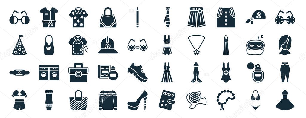 set of 40 filled fashion web icons in glyph style such as kimono, birthday hat with dots and stars, gym belt, boxing ring, sleeping mask, childish eyeglasses, stripped tie icons isolated on white