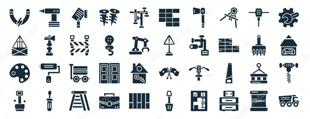 set of 40 filled construction web icons in glyph style such as electric drill, joist, pallete, big shovel, sand brush, wrench and gear, birck wall icons isolated on white background
