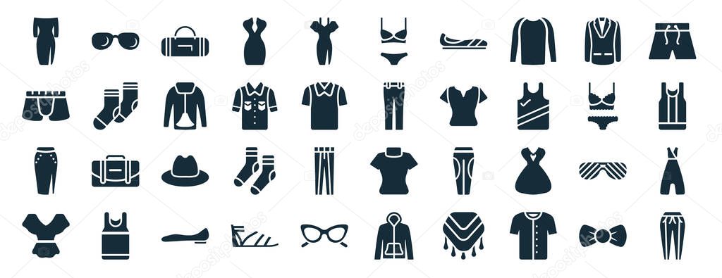 set of 40 filled clothes web icons in glyph style such as pilot sunglasses, boxers, slit skirt, peplum top, lingerie, short, lingerine icons isolated on white background