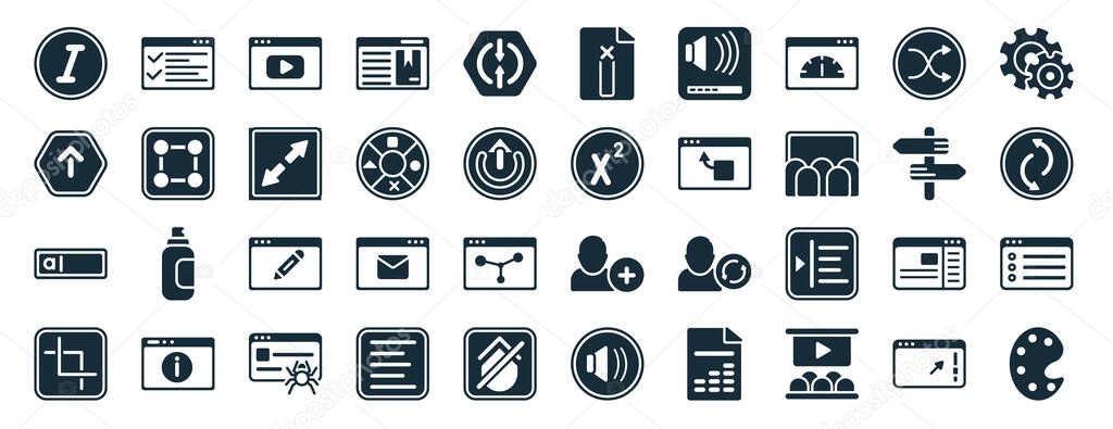 set of 40 filled user interface web icons in glyph style such as task list, top arrow, text in, crop tool, , tings, remove right frame icons isolated on white background