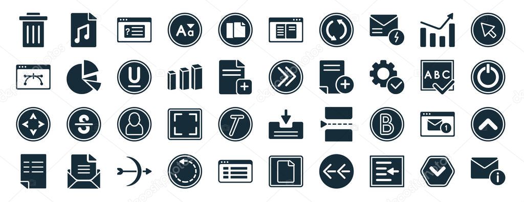 set of 40 filled user interface web icons in glyph style such as music file, anchor point, move arrows, page with one curled corner, spellcheck, cursor arrow, note blog icons isolated on white