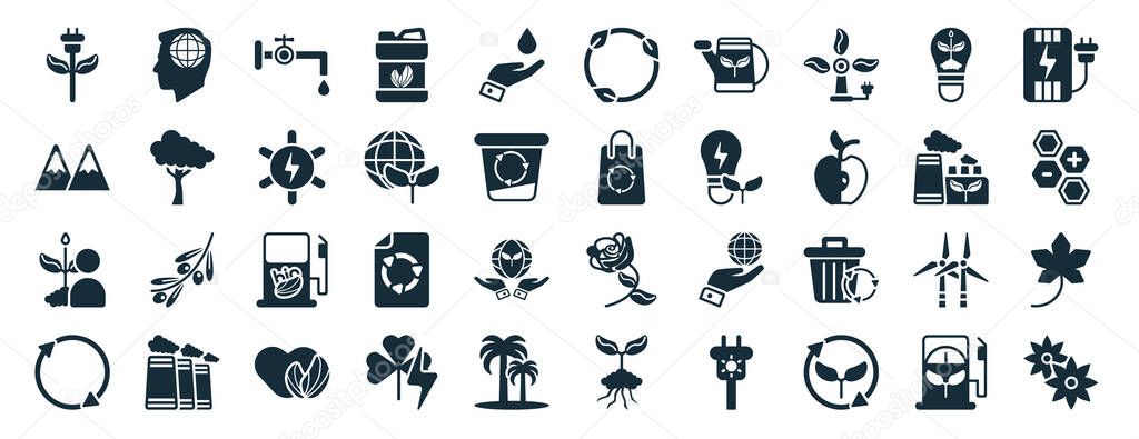 set of 40 filled ecology web icons in glyph style such as awareness, snowy mountains, eco volunteer, recycle arrows, eco factory, electric station, recycling icons isolated on white background