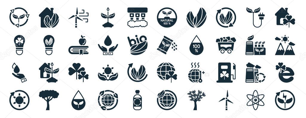 set of 40 filled ecology web icons in glyph style such as ecological house, save energy, raindrop on a hand, reload, sustainable factory, green home, 100 percent natural icons isolated on white