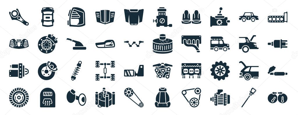 set of 40 filled car parts web icons in glyph style such as car roof, car fascia (british), starter, clutch, taiate, gasket, choke icons isolated on white background