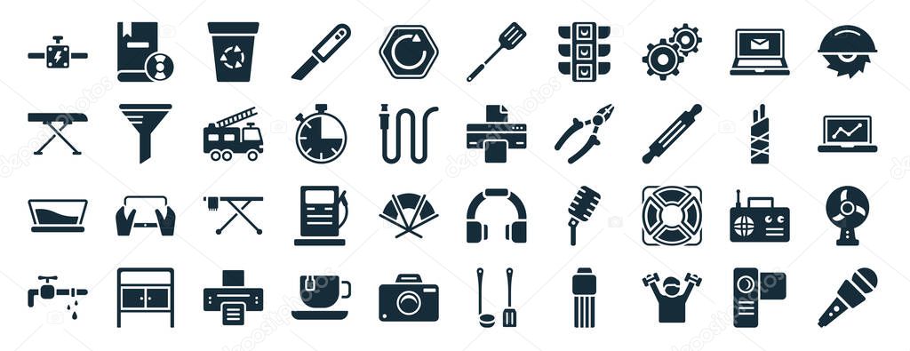 set of 40 filled tools and utensils web icons in glyph style such as book with cd rom, iron table, water bowl, pipe losing water, chopsticks, power saw, utensils icons isolated on white background