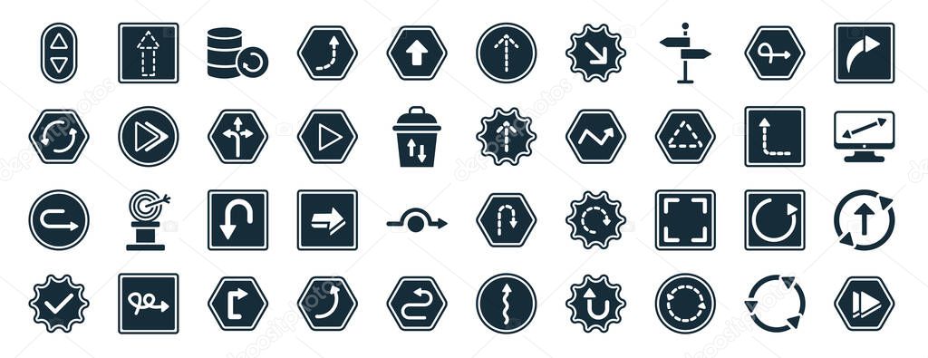 set of 40 filled user interface web icons in glyph style such as update arrow with broken line, rotating arrows, rotated right arrow, check mark arrow, upward rotation with broken line, curved right