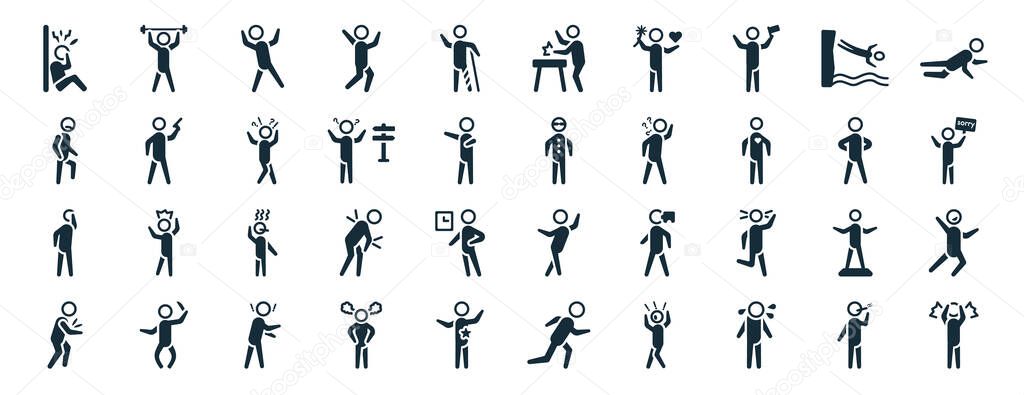 set of 40 filled feelings web icons in glyph style such as pumped human, depressed human, bored human, sore proud down awesome icons isolated on white background