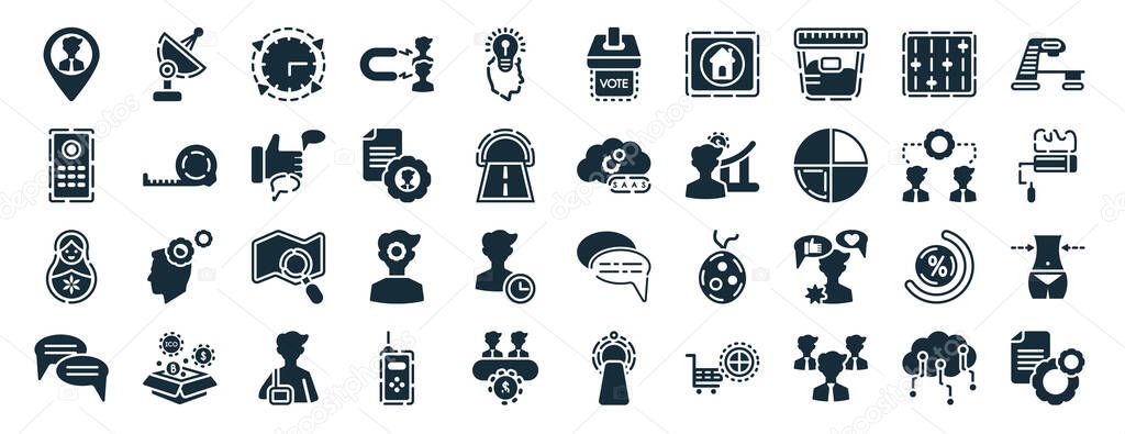 set of 40 filled general web icons in glyph style such as satellite antenna, smart speaker, matryoshka, text chat, outsourcing, x-ray, referendum icons isolated on white background