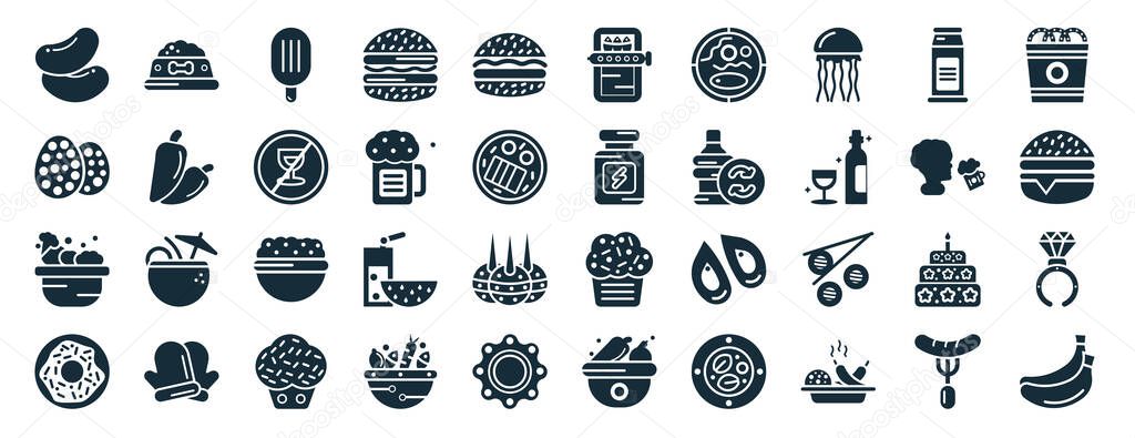 set of 40 filled food web icons in glyph style such as dog food, two eggs, vegetarian food, chote donut, drinking, onion rings, sardines icons isolated on white background