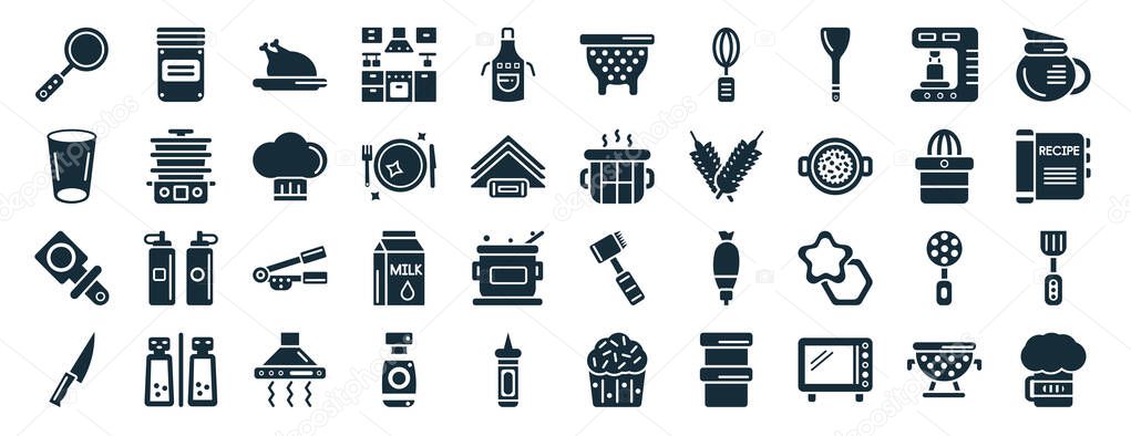 set of 40 filled kitchen web icons in glyph style such as jar, glass, bottle opener, steak knife, squeezer, coffee pot, nder icons isolated on white background