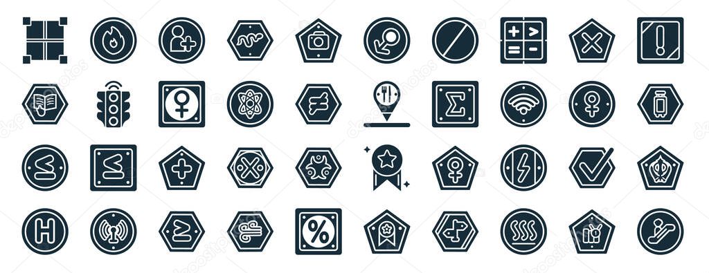 set of 40 filled signs web icons in glyph style such as fire hazard, instruction, is less than, round hotel, female, alert, male gender icons isolated on white background