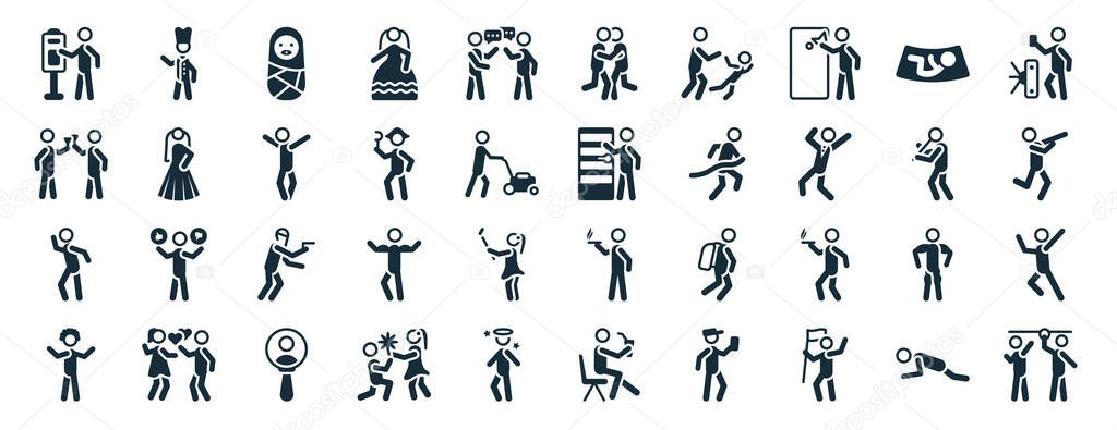 set of 40 filled people web icons in glyph style such as chef uniform, two men with cocktail glasses, man hearing, man with afro hair style, man playing a flute, validating ticket, hugging icons