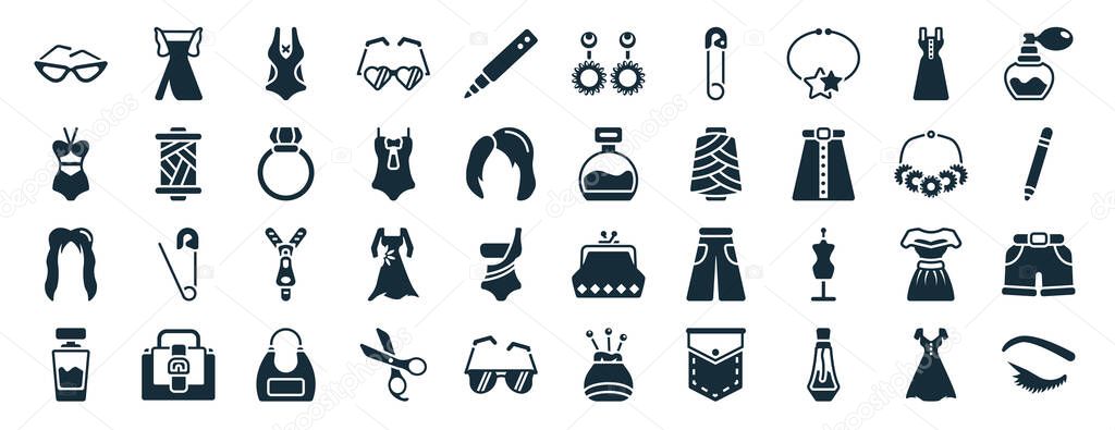 set of 40 filled woman clothing web icons in glyph style such as lace dress with belt, female swimsuit, female long hair, fountain jar, necklace, bottle of perfume, round earrings icons isolated on
