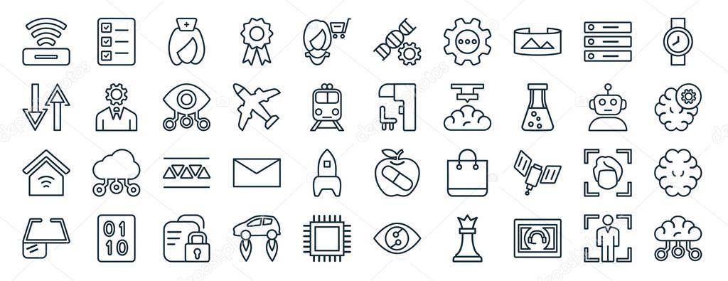 set of 40 flat artificial intellegence web icons in line style such as check list, data transfer, smart home, ar monocle, robots, wristwatch, genetic modification icons for report, presentation,