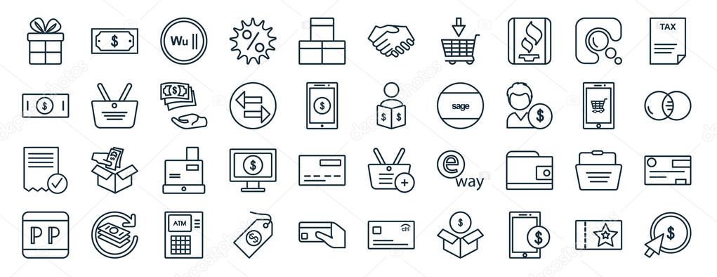 set of 40 flat payment web icons in line style such as dollar bill, cash, receipt, , mobile shopping, tax, trade icons for report, presentation, diagram, web design