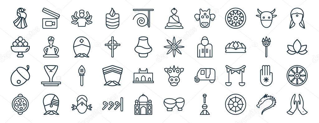 set of 40 flat india web icons in line style such as , laddu, nut, tikka masala, trident, woman, buddhist icons for report, presentation, diagram, web design