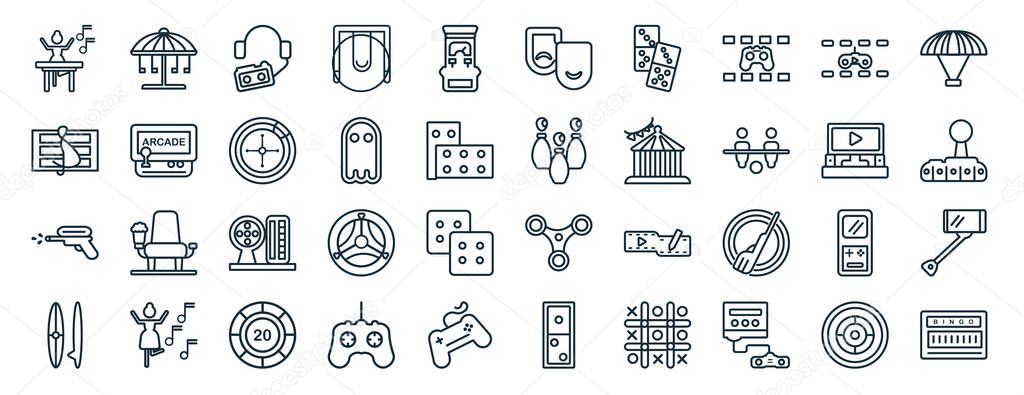 set of 40 flat entertainment web icons in line style such as carousel, g clef, water gun, suroard, home theater, paraplane, theater icons for report, presentation, diagram, web design