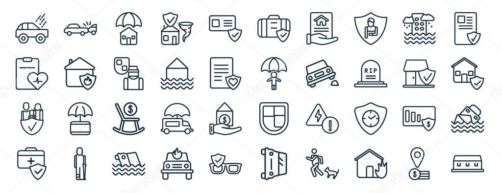 set of 40 flat insurance web icons in line style such as rear end collision, wellness, family insurance, medical insurance, small business license, luggage icons for report, presentation, diagram,