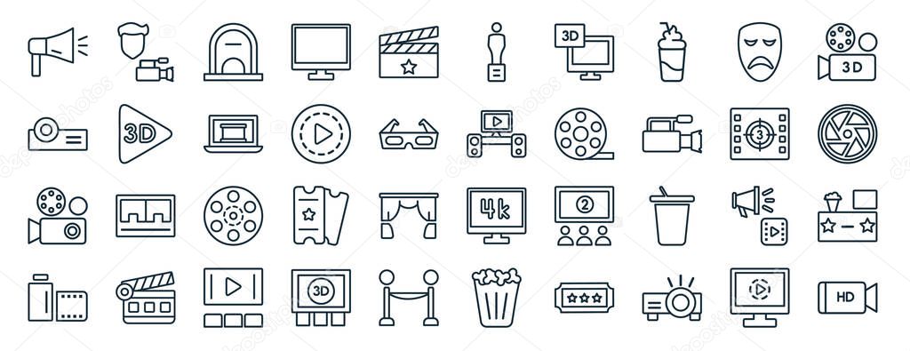 set of 40 flat cinema web icons in line style such as cameraman, movie projector front view, old projector, camera roll, movie countdown, 3d movie, award icons for report, presentation, diagram, web