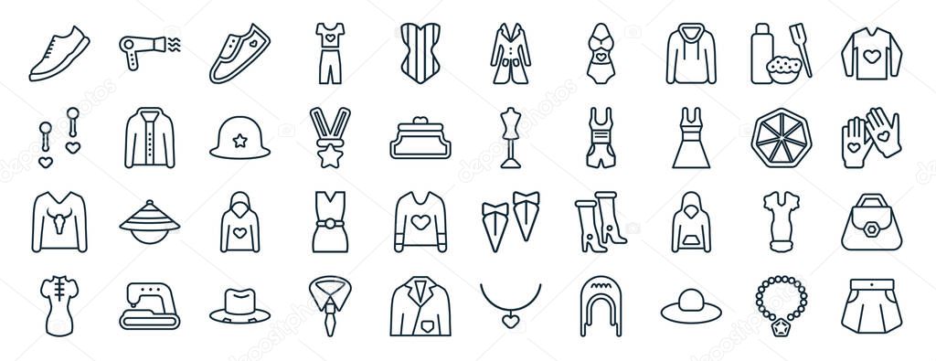 set of 40 flat fashion web icons in line style such as drying, jewel, man printing, cheongsam, diamond, long sleeves, coat with pockets icons for report, presentation, diagram, web design