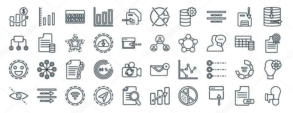 set of 40 flat user interface web icons in line style such as multiple variable lines, connected data flow chart, smiles, hidden, table for data, data collection, footprints direction sketch icons
