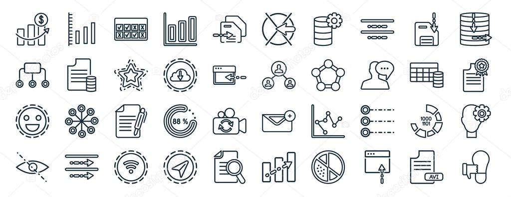Set of 40 flat user interface web icons in line style such as multiple variable lines, connected data flow chart, smiles, hidden, table for data, data collection, footprints direction sketch icons