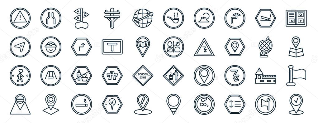 set of 40 flat maps and flags web icons in line style such as narrow two lanes, navigate, crossing zone, map localization, earth gobe, flags, no smoking pipe icons for report, presentation, diagram,