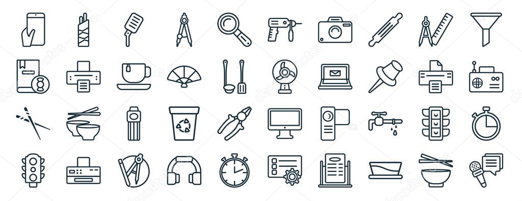 set of 40 flat tools and utensils web icons in line style such as chopsticks, book with cd rom, two crossed chopsticks from japan, semaphore light, printer with printed paper, filtering, hammer