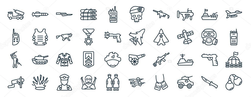 set of 40 flat army and war web icons in line style such as torpedo, militar radio, rebellion, torture, gas mask, air force, skull army icons for report, presentation, diagram, web design