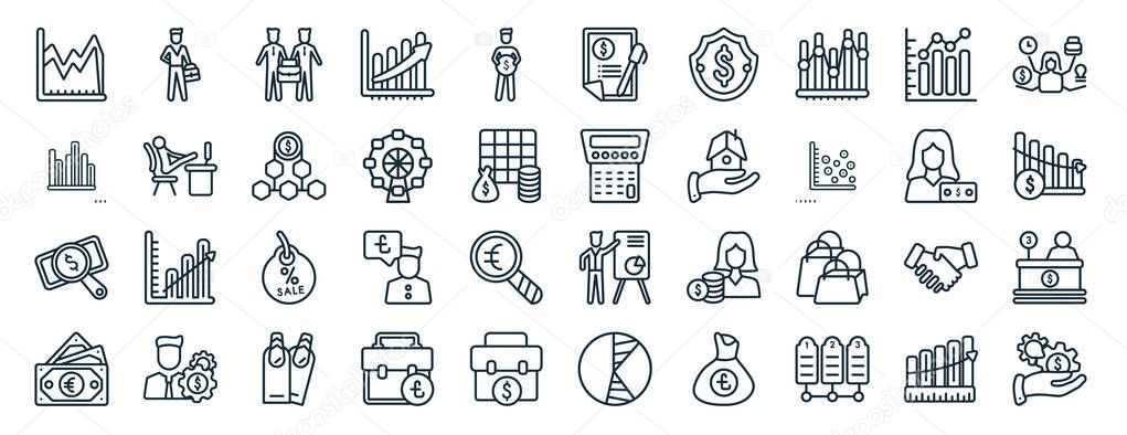 set of 40 flat business web icons in line style such as success man with suitcase, bar chart dual information, dollar business search, euro bills, woman with money, multitasking woman, bailment