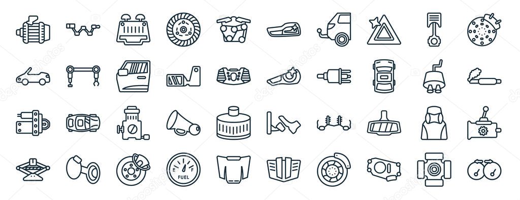 set of 40 flat car parts web icons in line style such as car crank, car soft top, starter, jack, silencer, brake pad, reversing light icons for report, presentation, diagram, web design
