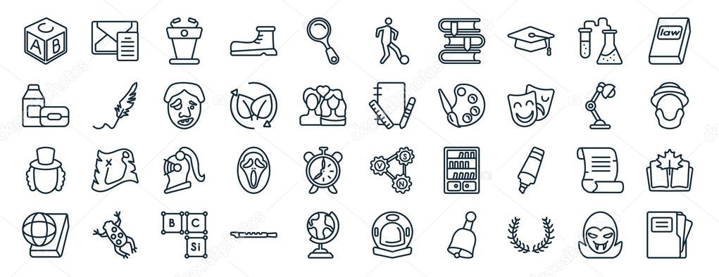 set of 40 flat education web icons in line style such as invitation, lunch, eugene onegin, browsing, desk lamp, law, soccer icons for report, presentation, diagram, web design