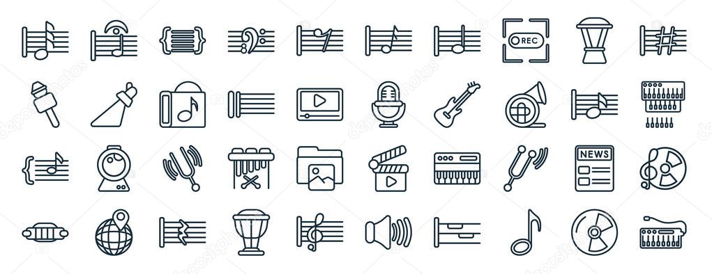 set of 40 flat music web icons in line style such as fermata, hand mic, brace, harmonica, crotchet, sharp, semiquaver icons for report, presentation, diagram, web design