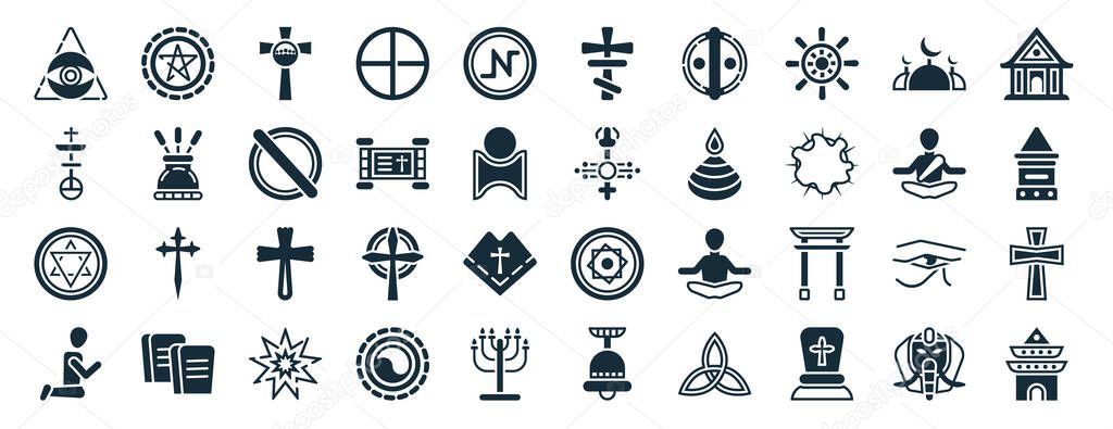 set of 40 filled religion web icons in glyph style such as satanism, united church of christ, blasphemy, muslim, monk, wat maha that, orthodox icons isolated on white background