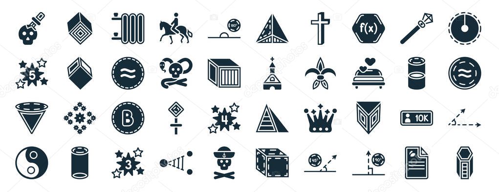 set of 40 filled shapes web icons in glyph style such as rectangular prism, star with number five, inverted cone, yin and yang, cylinder volumetric, radius of circle, triangular pyramid volumetrical
